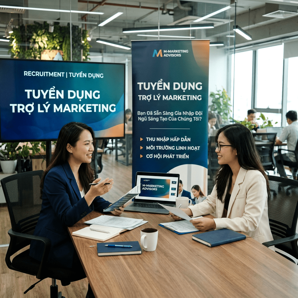 Two women discuss documents beside marketing assistant recruitment signs.